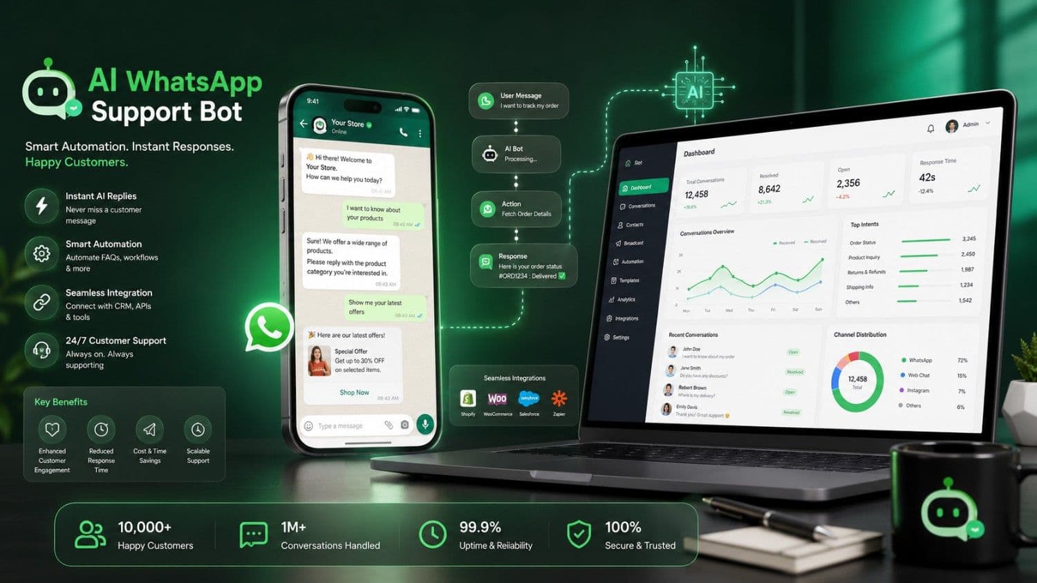 AI-powered WhatsApp chatbot answering customer queries and tracking orders
