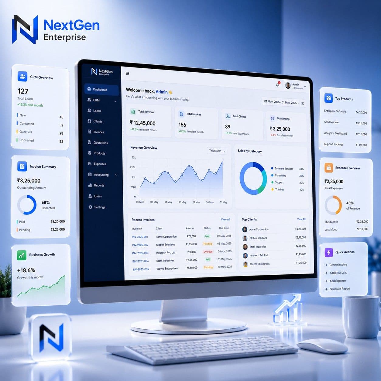 NextGen Enterprise admin panel for staff management and invoicing